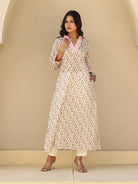 The Kaftan Company Kurta Off White Printed A-Line Cotton Kurta with Pink Contrast