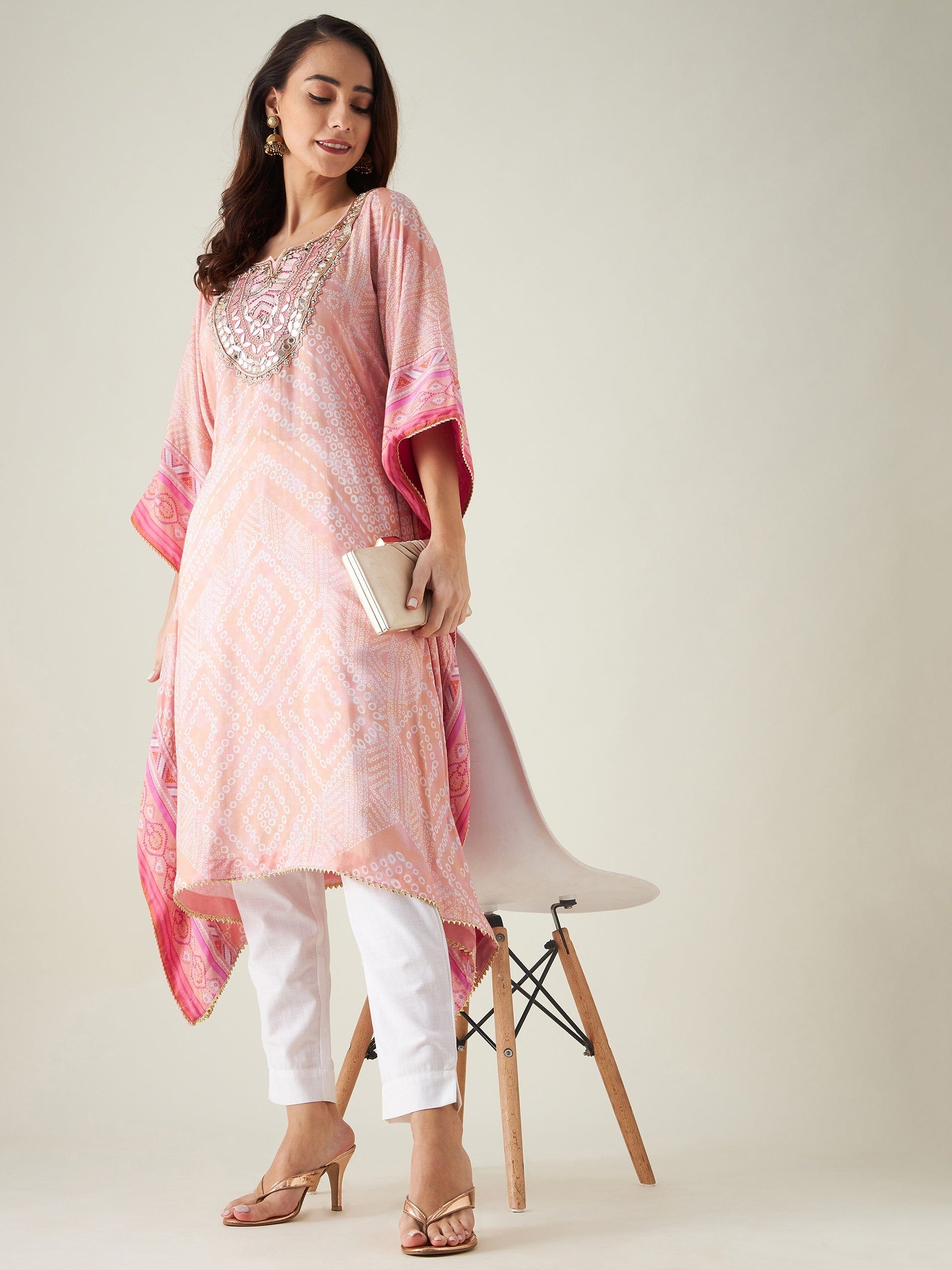 The Kaftan Company Kurta Pastel Pink Bandhani Embroidered Yoke Kaftan  (Final nosale)
