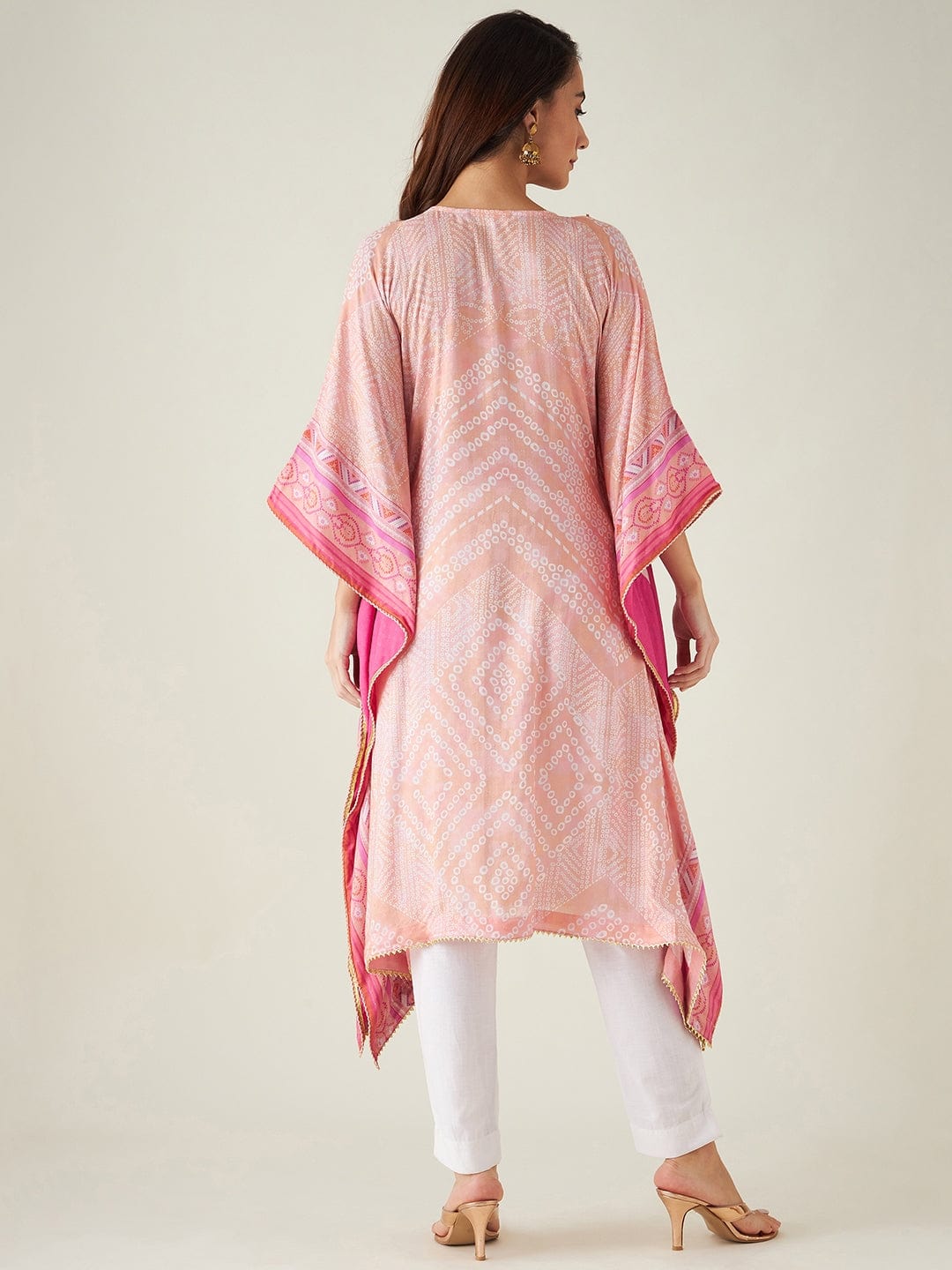 The Kaftan Company Kurta Pastel Pink Bandhani Embroidered Yoke Kaftan  (Final nosale)