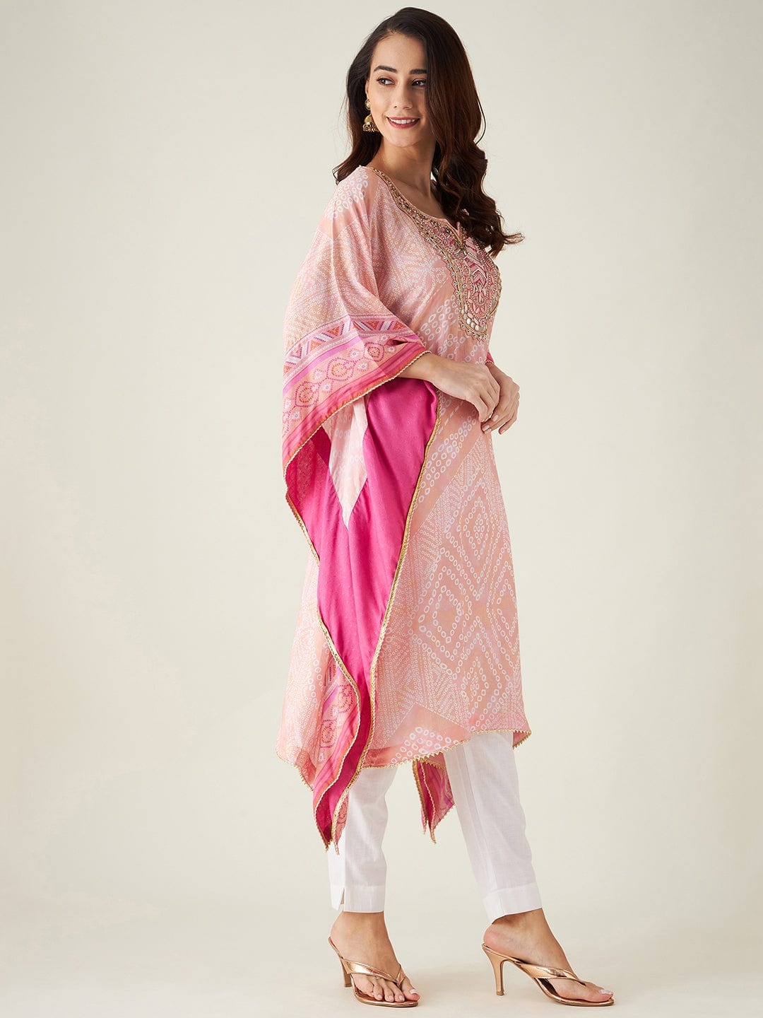 The Kaftan Company Kurta Pastel Pink Bandhani Embroidered Yoke Kaftan  (Final nosale)