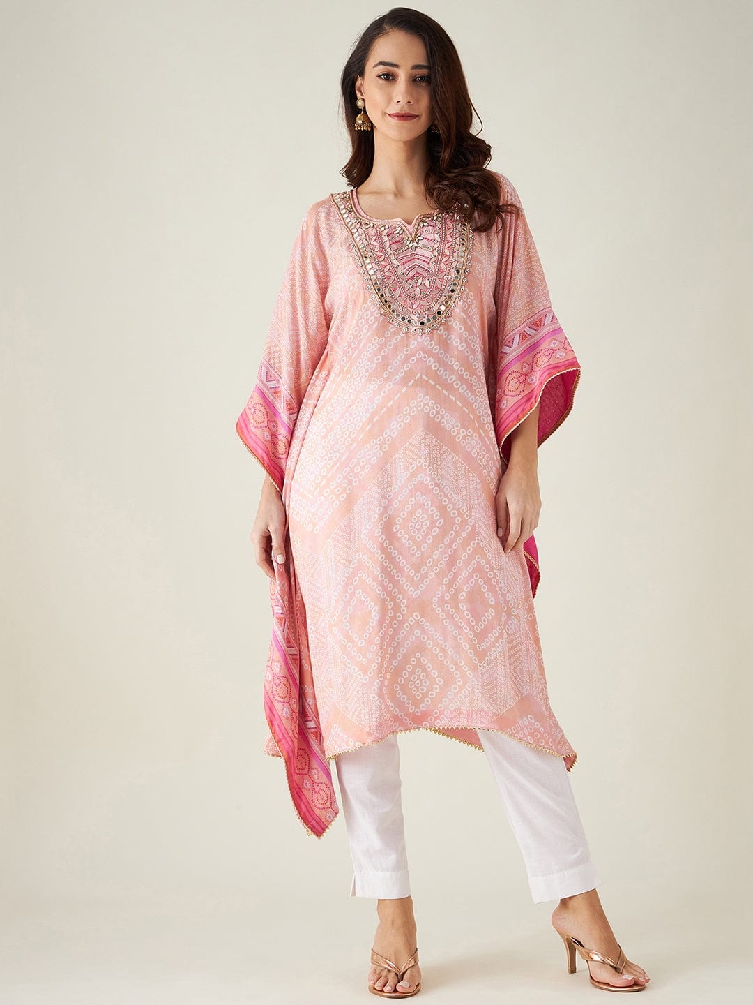 The Kaftan Company Kurta Pastel Pink Bandhani Embroidered Yoke Kaftan  (Final nosale)