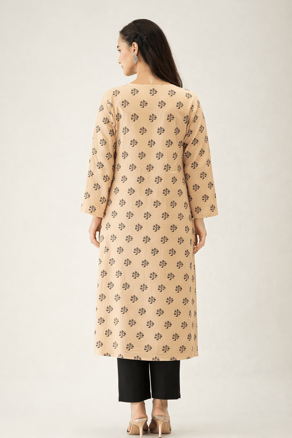 The Kaftan Company Kurta Peach Buta Print Cotton Viscose Kurta with Tassel Neck Detail