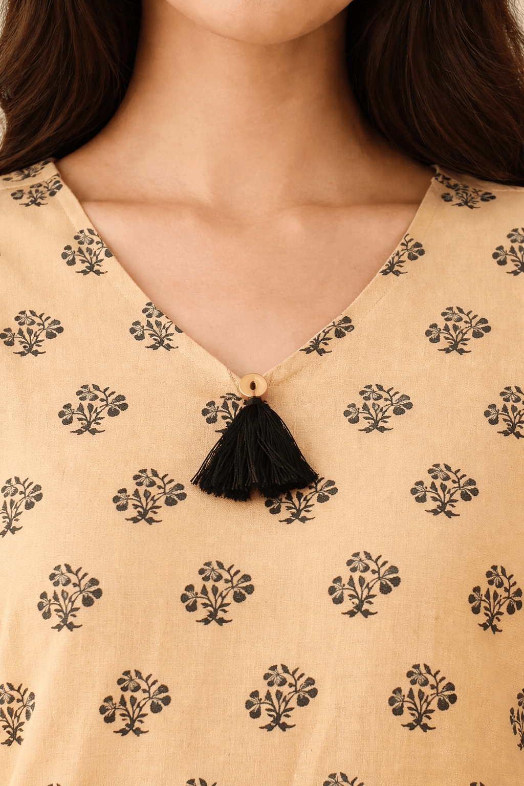 The Kaftan Company Kurta Peach Buta Print Cotton Viscose Kurta with Tassel Neck Detail