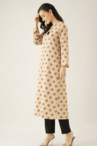 The Kaftan Company Kurta Peach Buta Print Cotton Viscose Kurta with Tassel Neck Detail