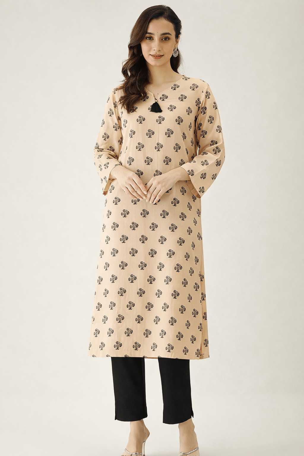 The Kaftan Company Kurta Peach Buta Print Cotton Viscose Kurta with Tassel Neck Detail