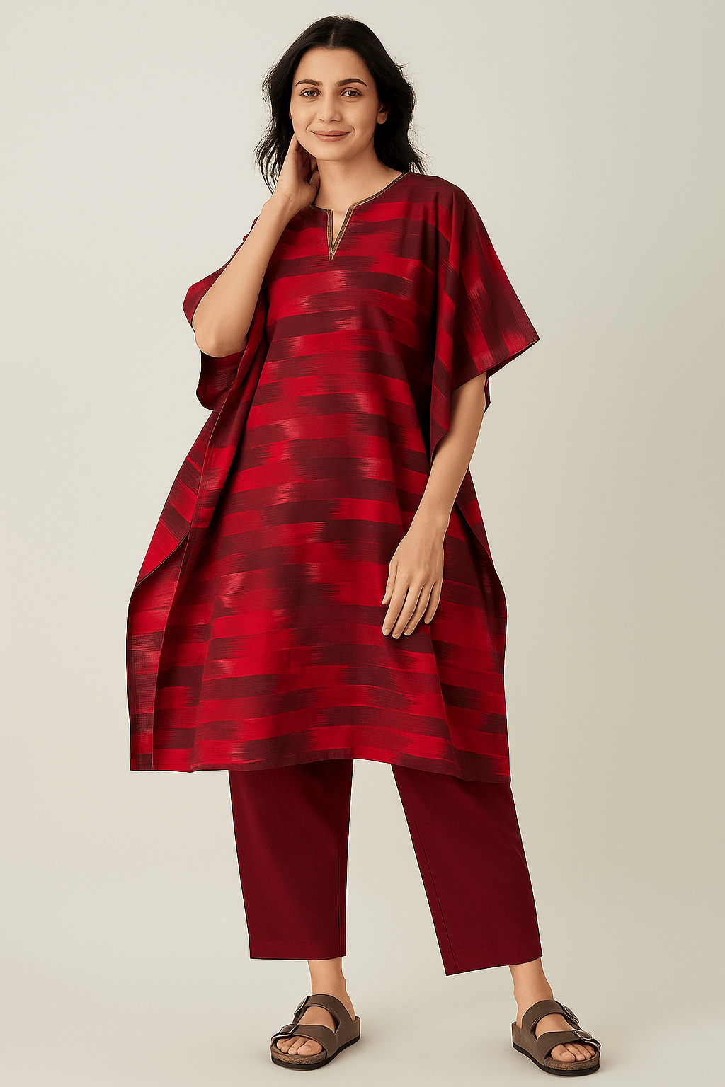 The Kaftan Company Kurta Red Ikat Cotton Kaftan Kurta