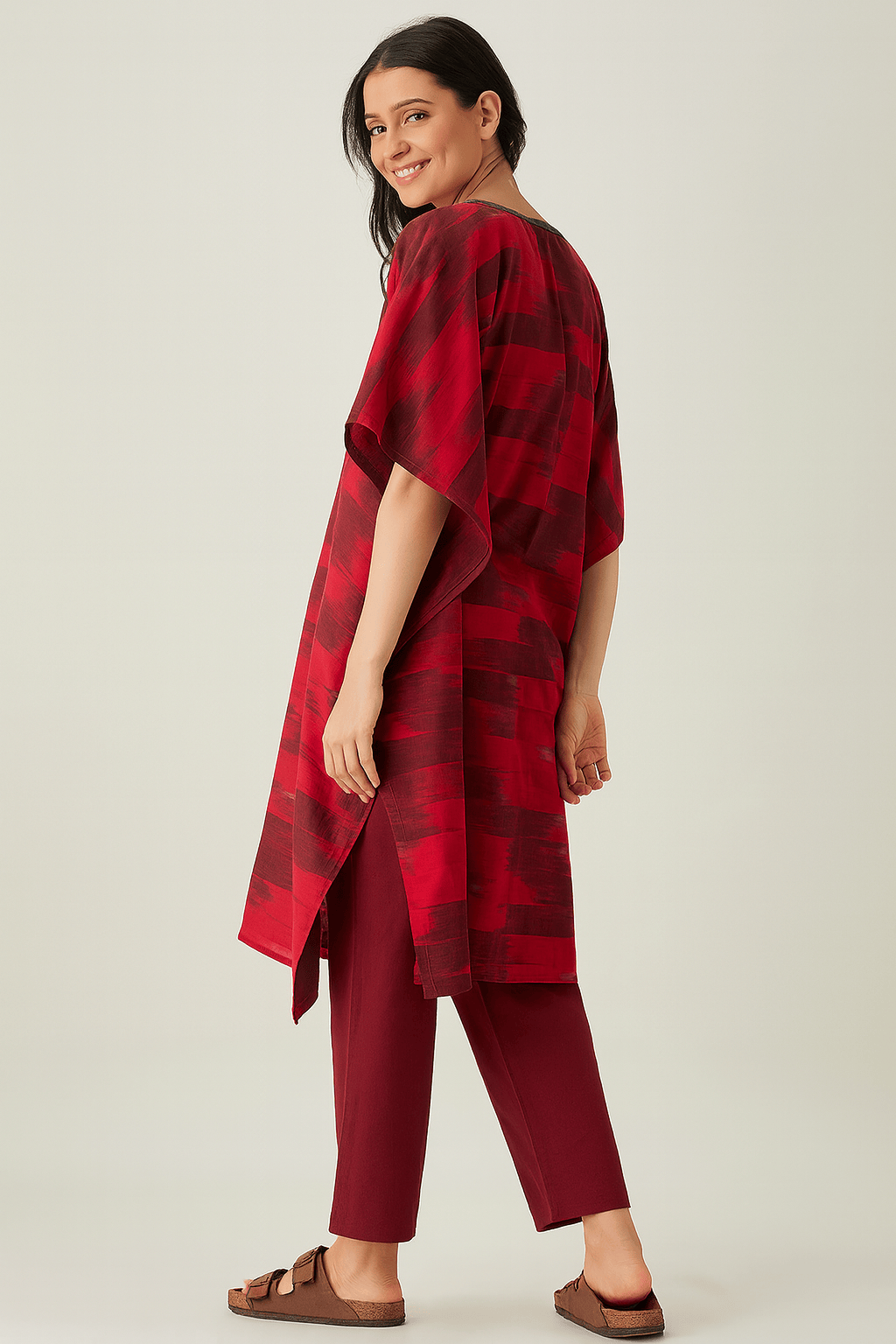 The Kaftan Company Kurta Red Ikat Cotton Kaftan Kurta