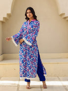The Kaftan Company Kurta Royal Blue Floral Print Cotton Kurta with Contrast Placket