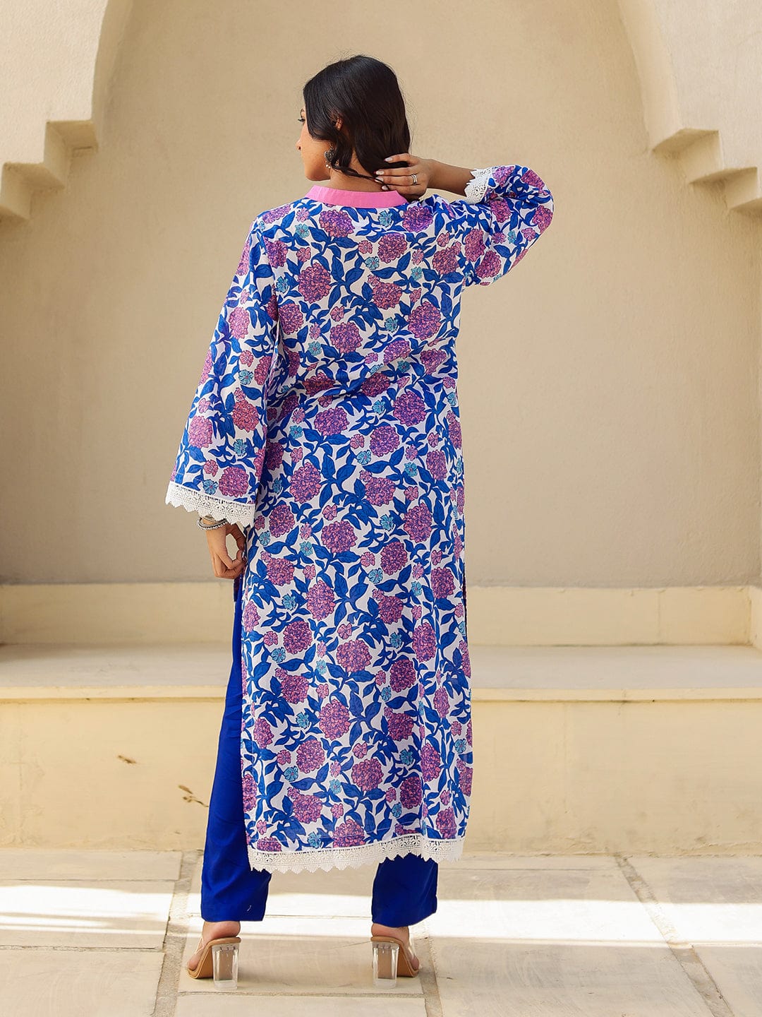 The Kaftan Company Kurta Royal Blue Floral Print Cotton Kurta with Contrast Placket
