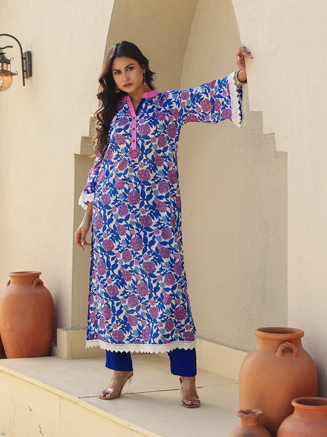 The Kaftan Company Kurta Royal Blue Floral Print Cotton Kurta with Contrast Placket