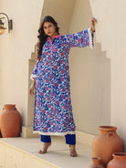 The Kaftan Company Kurta Royal Blue Floral Print Cotton Kurta with Contrast Placket