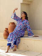 The Kaftan Company Kurta Royal Blue Floral Print Cotton Kurta with Contrast Placket