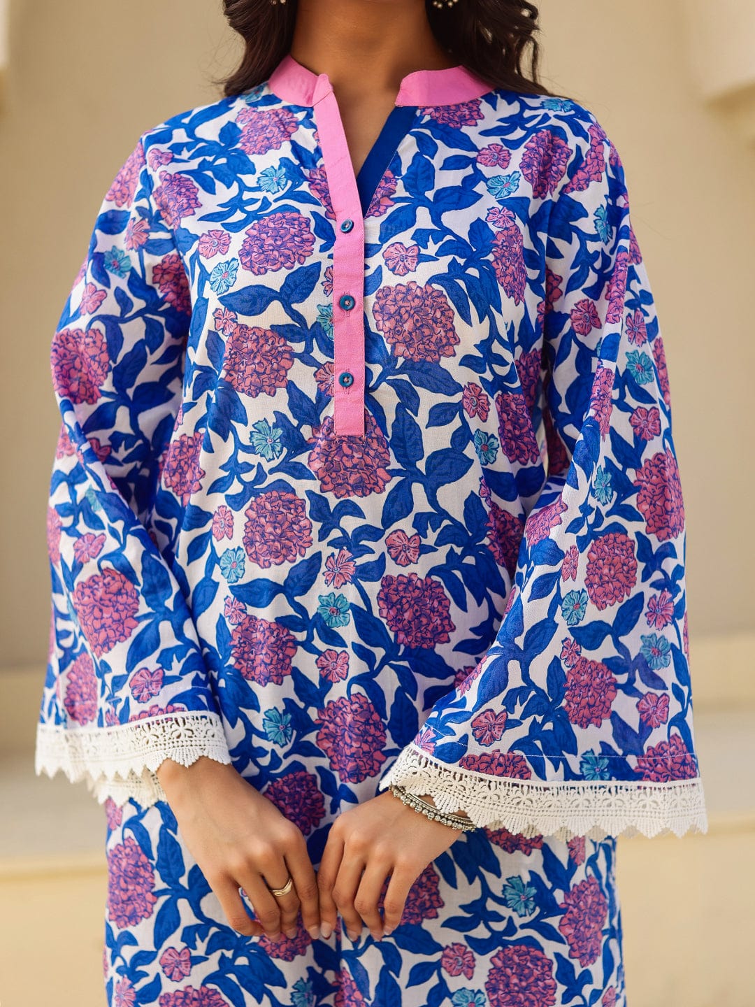 The Kaftan Company Kurta Royal Blue Floral Print Cotton Kurta with Contrast Placket