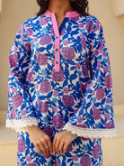 The Kaftan Company Kurta Royal Blue Floral Print Cotton Kurta with Contrast Placket