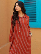 The Kaftan Company Kurta Rust Red Striped Full-Length Shirt Dress