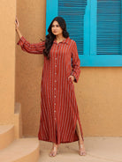The Kaftan Company Kurta Rust Red Striped Full-Length Shirt Dress