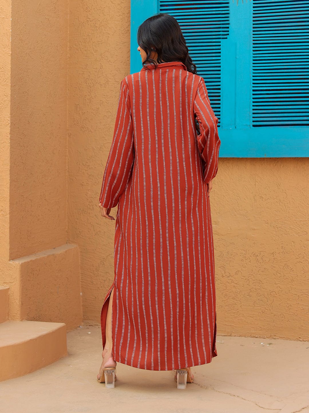 The Kaftan Company Kurta Rust Red Striped Full-Length Shirt Dress