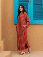 The Kaftan Company Kurta Rust Red Striped Full-Length Shirt Dress
