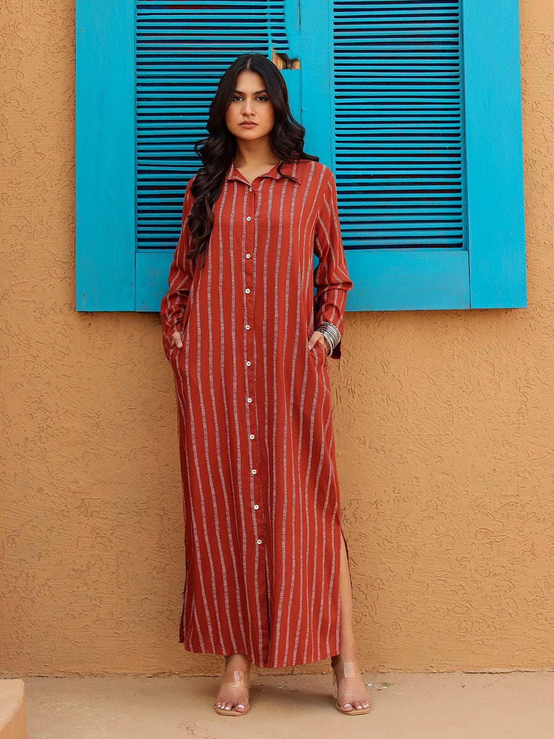 The Kaftan Company Kurta Rust Red Striped Full-Length Shirt Dress
