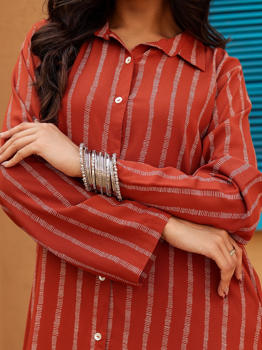 The Kaftan Company Kurta Rust Red Striped Full-Length Shirt Dress