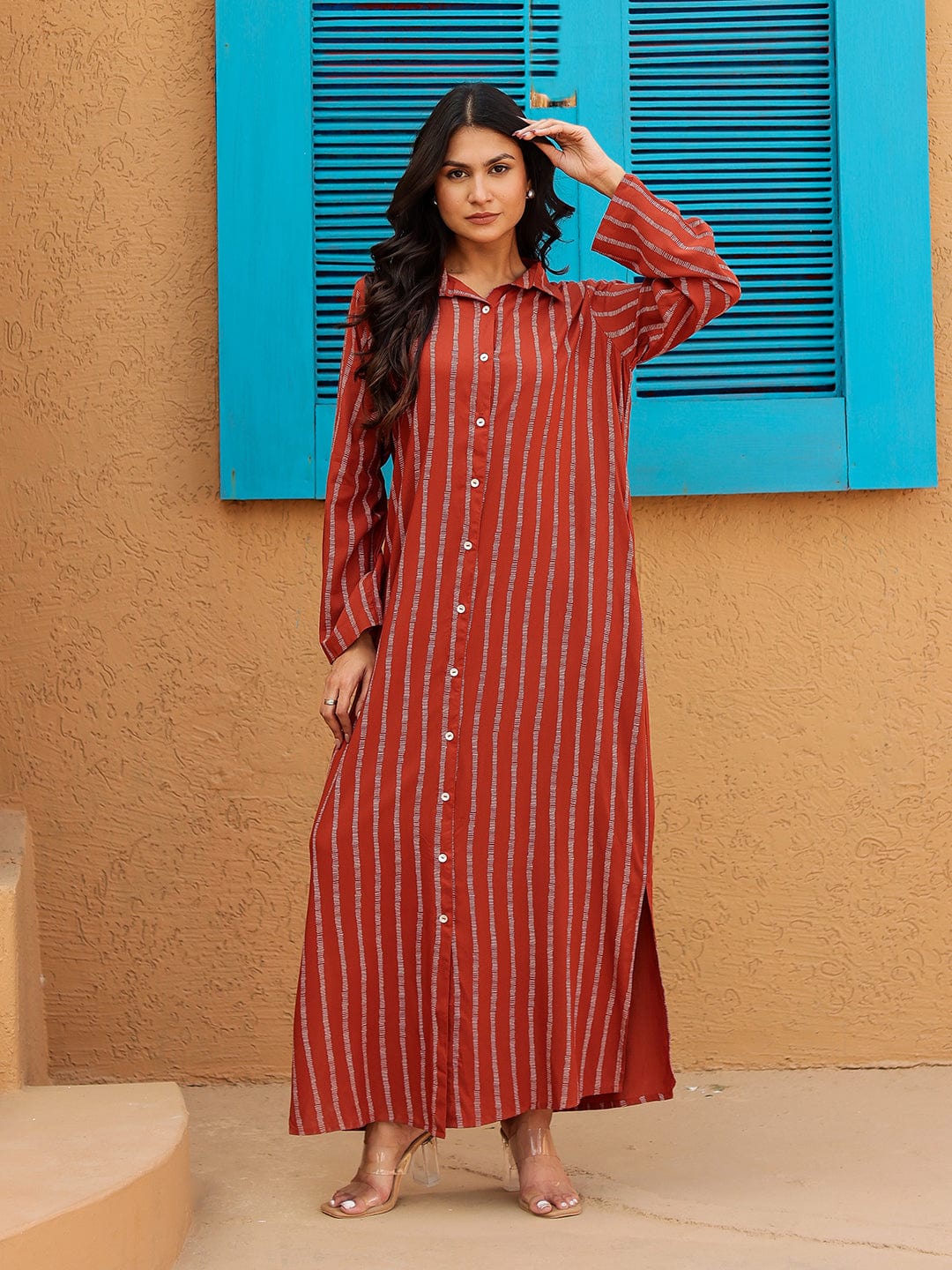 The Kaftan Company Kurta Rust Red Striped Full-Length Shirt Dress