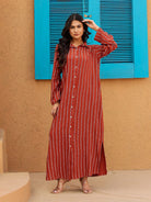 The Kaftan Company Kurta Rust Red Striped Full-Length Shirt Dress