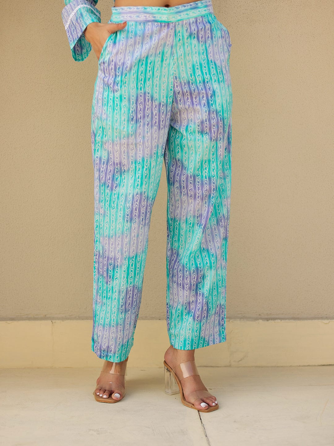 The Kaftan Company Kurta Sets Blue Abstract Print Cotton Kurta Set with Lace Trim