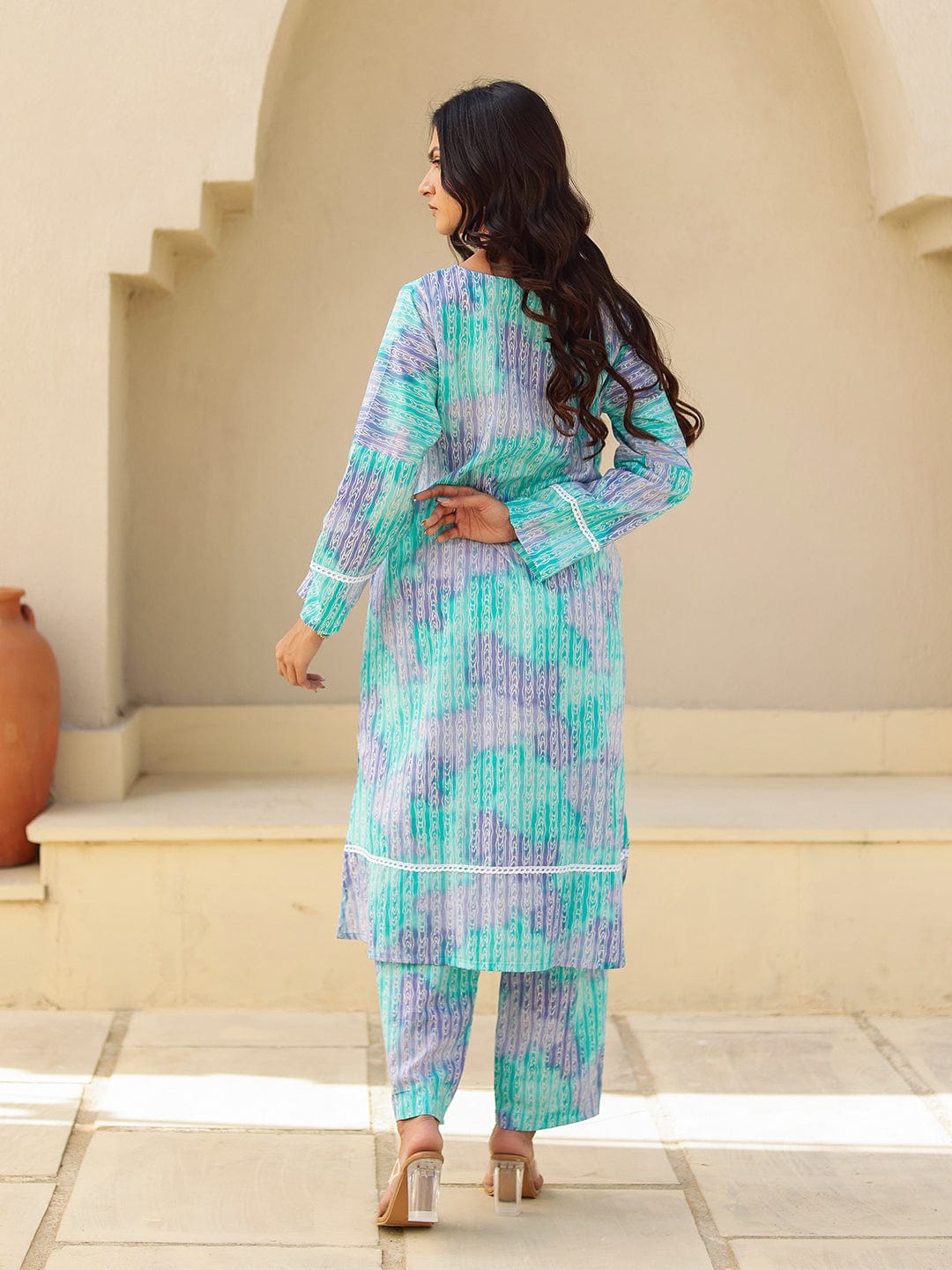 The Kaftan Company Kurta Sets Blue Abstract Print Cotton Kurta Set with Lace Trim