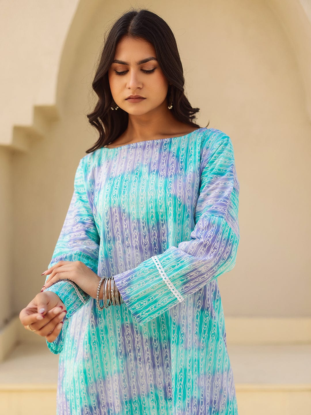 The Kaftan Company Kurta Sets Blue Abstract Print Cotton Kurta Set with Lace Trim