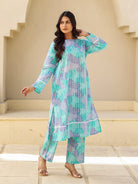 The Kaftan Company Kurta Sets Blue Abstract Print Cotton Kurta Set with Lace Trim