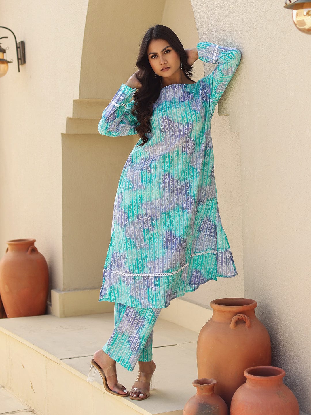 The Kaftan Company Kurta Sets Blue Abstract Print Cotton Kurta Set with Lace Trim