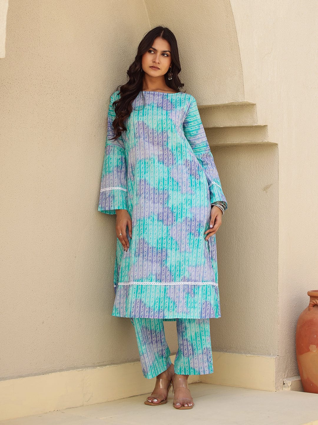 The Kaftan Company Kurta Sets Blue Abstract Print Cotton Kurta Set with Lace Trim