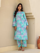 The Kaftan Company Kurta Sets Blue Abstract Print Cotton Kurta Set with Lace Trim