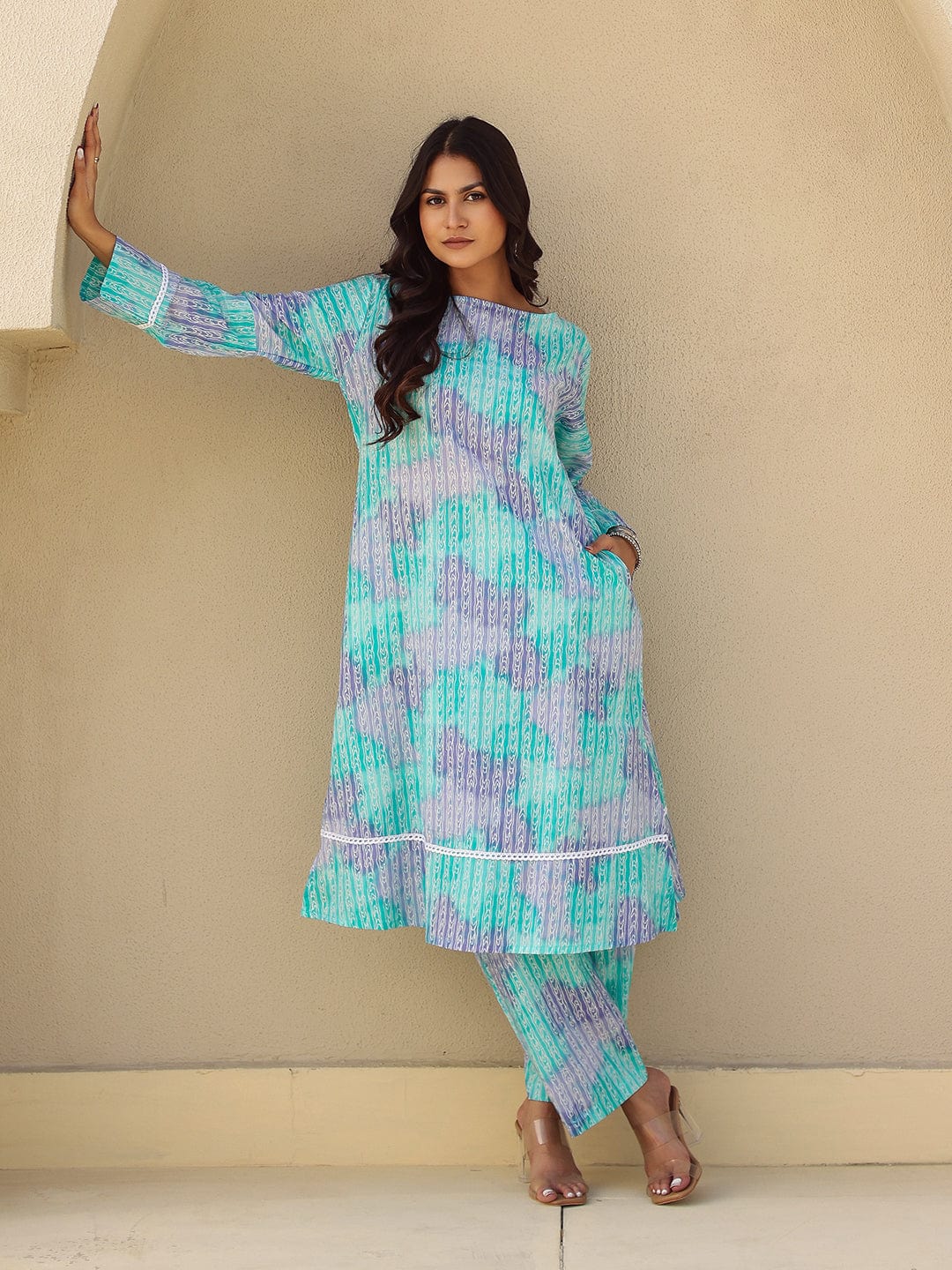 The Kaftan Company Kurta Sets Blue Abstract Print Cotton Kurta Set with Lace Trim