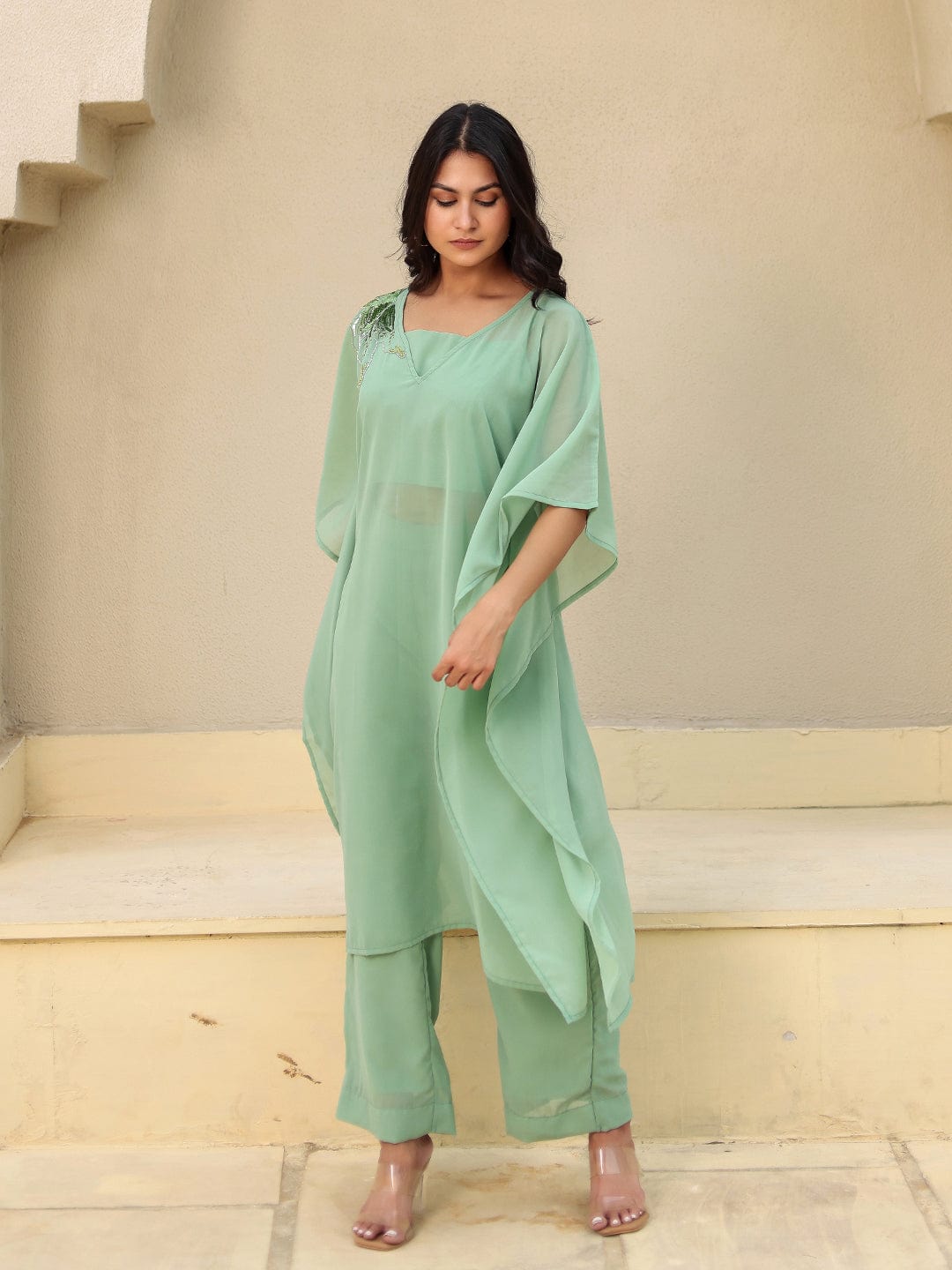 The Kaftan Company Kurta Sets Green Hand Embroidered Georgette Kaftan Kurta Set