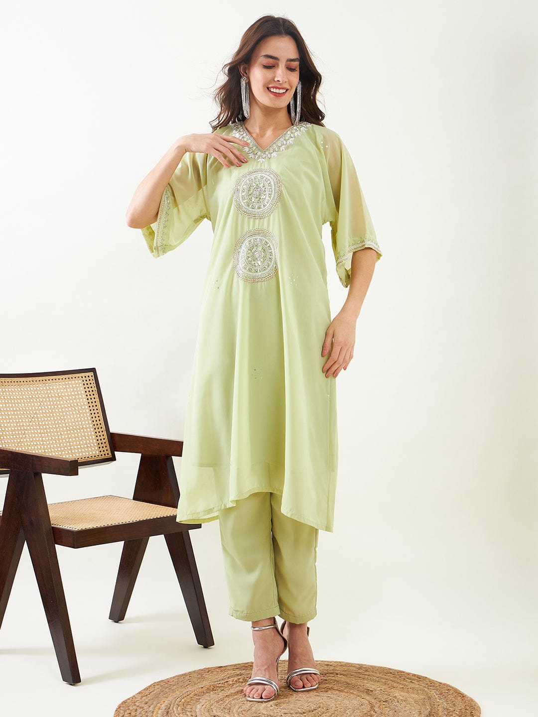 The Kaftan Company Kurta Sets Light Green Hand Embroidred Party Kurta with Slip and Pants