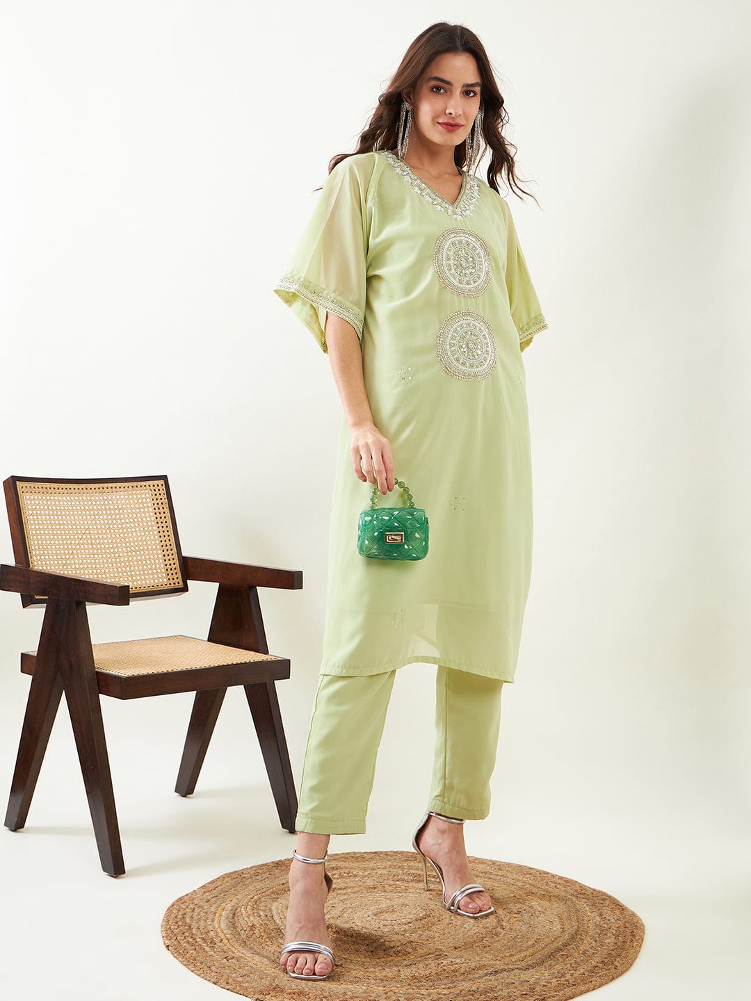 The Kaftan Company Kurta Sets Light Green Hand Embroidred Party Kurta with Slip and Pants