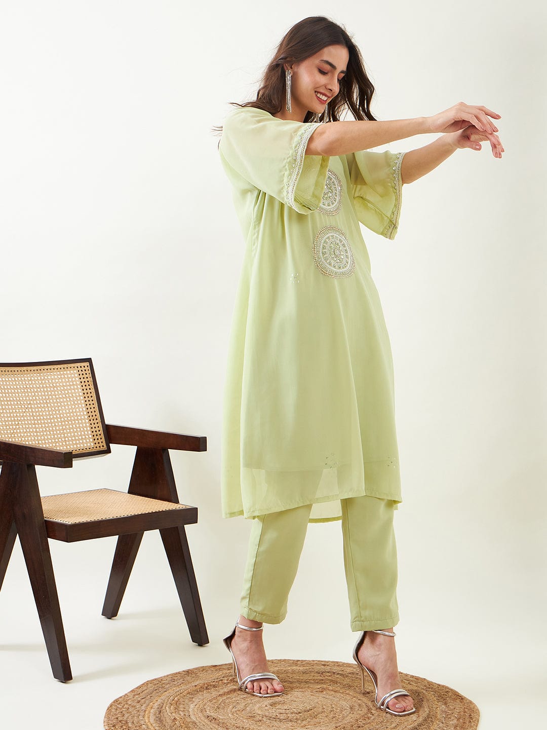 The Kaftan Company Kurta Sets Light Green Hand Embroidred Party Kurta with Slip and Pants