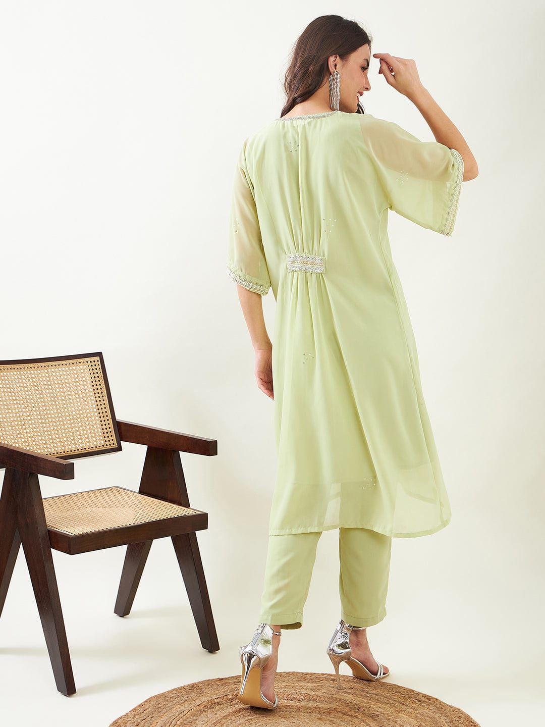 The Kaftan Company Kurta Sets Light Green Hand Embroidred Party Kurta with Slip and Pants