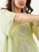 The Kaftan Company Kurta Sets Light Green Hand Embroidred Party Kurta with Slip and Pants