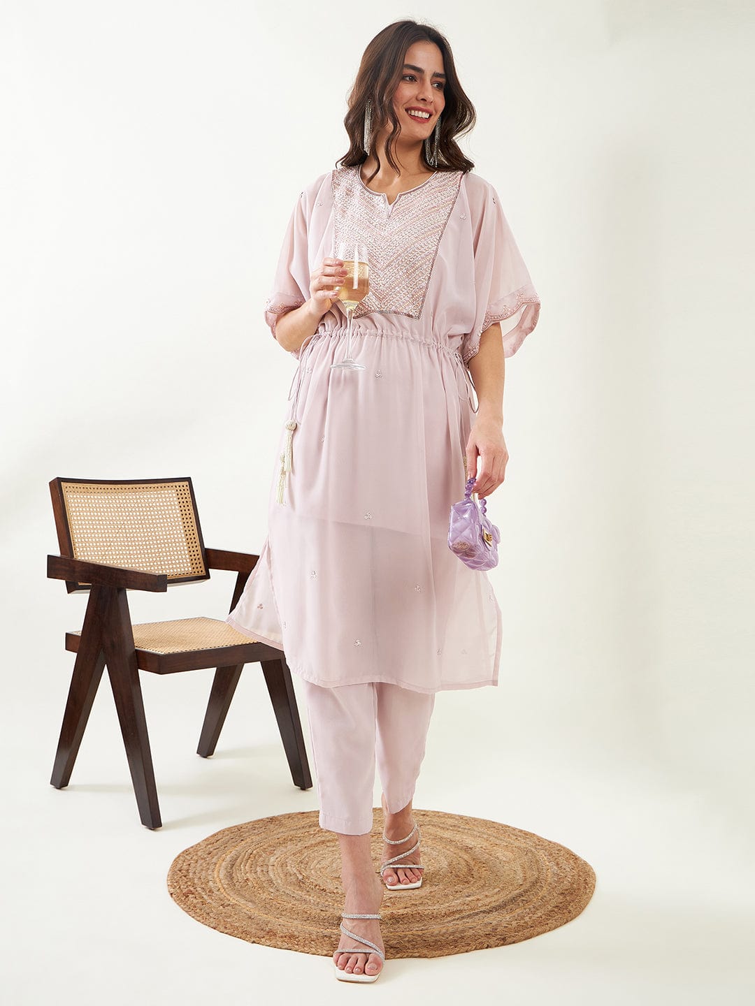 The Kaftan Company Kurta Sets Lilac Hand Embroidered Kaftan Kurta with Pants and Slip