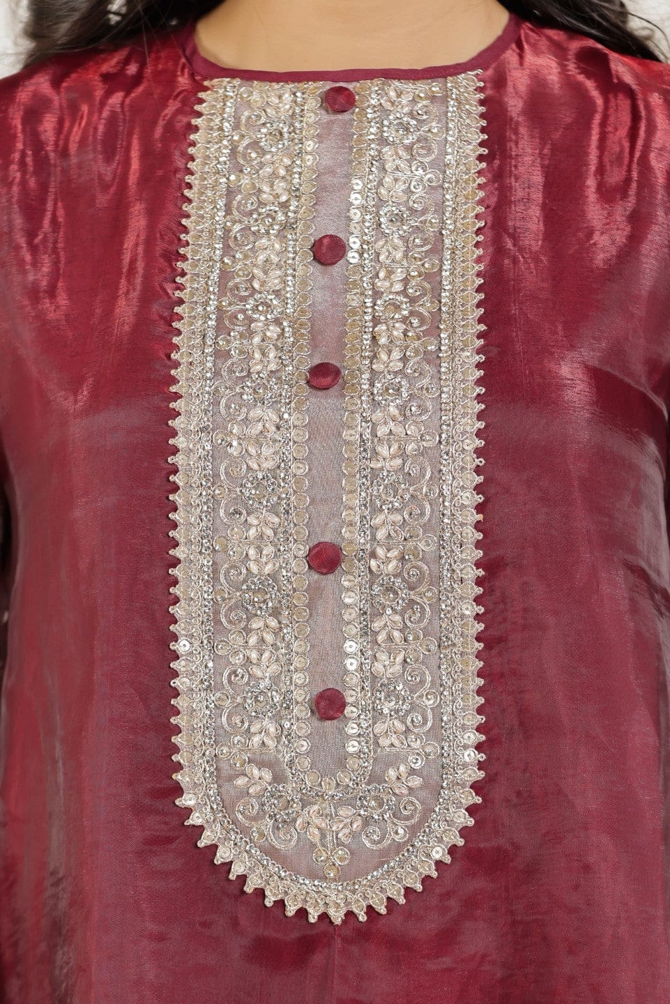 The Kaftan Company Kurta Sets Maroon Tissue Silk Embroidered Kurta Set