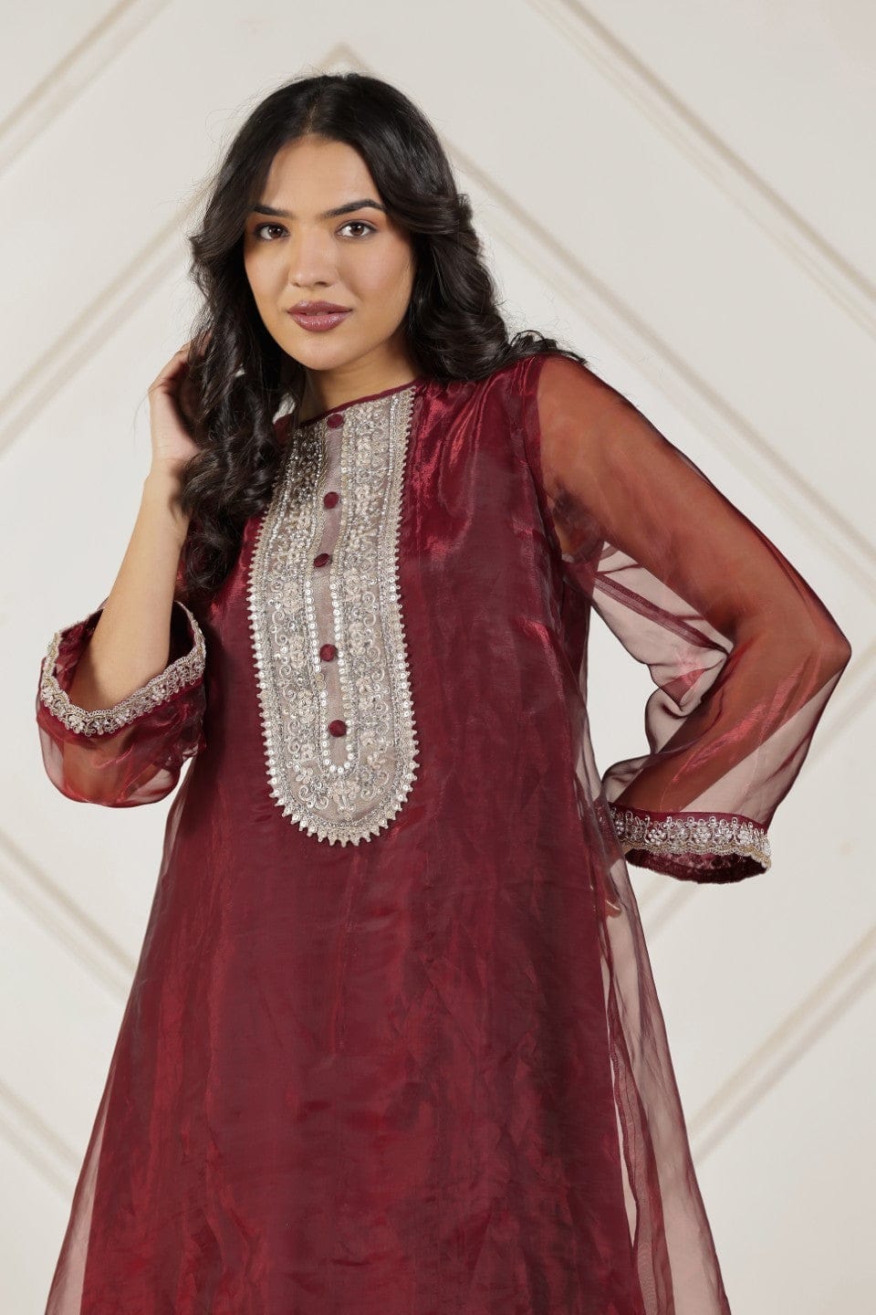 The Kaftan Company Kurta Sets Maroon Tissue Silk Embroidered Kurta Set