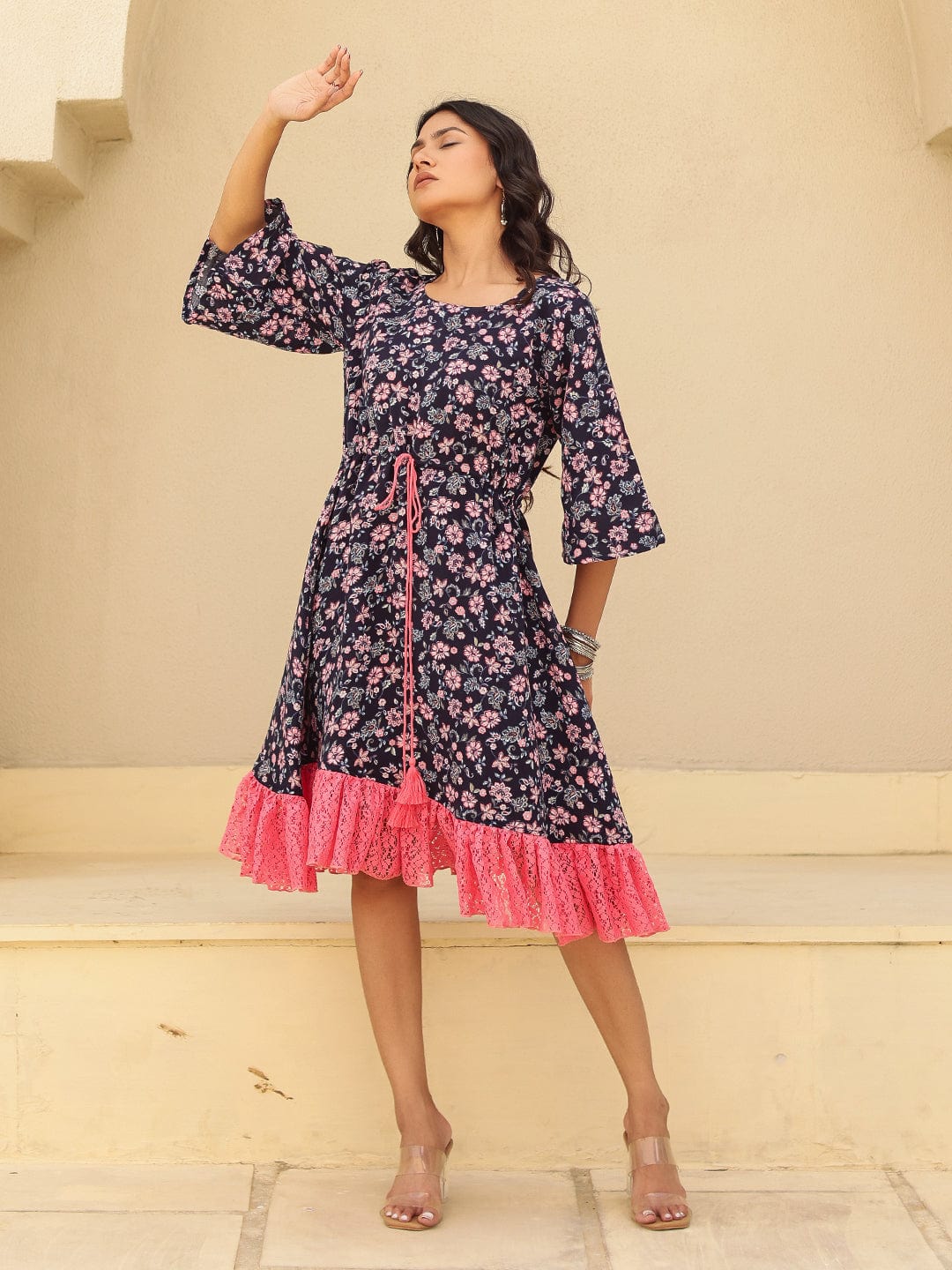 The Kaftan Company Kurta Sets Navy Floral Print Mini Dress with Pink Lace Trim