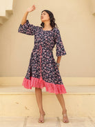 The Kaftan Company Kurta Sets Navy Floral Print Mini Dress with Pink Lace Trim