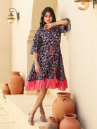 The Kaftan Company Kurta Sets Navy Floral Print Mini Dress with Pink Lace Trim