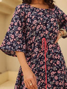 The Kaftan Company Kurta Sets Navy Floral Print Mini Dress with Pink Lace Trim