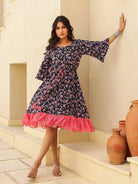 The Kaftan Company Kurta Sets Navy Floral Print Mini Dress with Pink Lace Trim