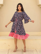 The Kaftan Company Kurta Sets Navy Floral Print Mini Dress with Pink Lace Trim