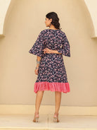 The Kaftan Company Kurta Sets Navy Floral Print Mini Dress with Pink Lace Trim